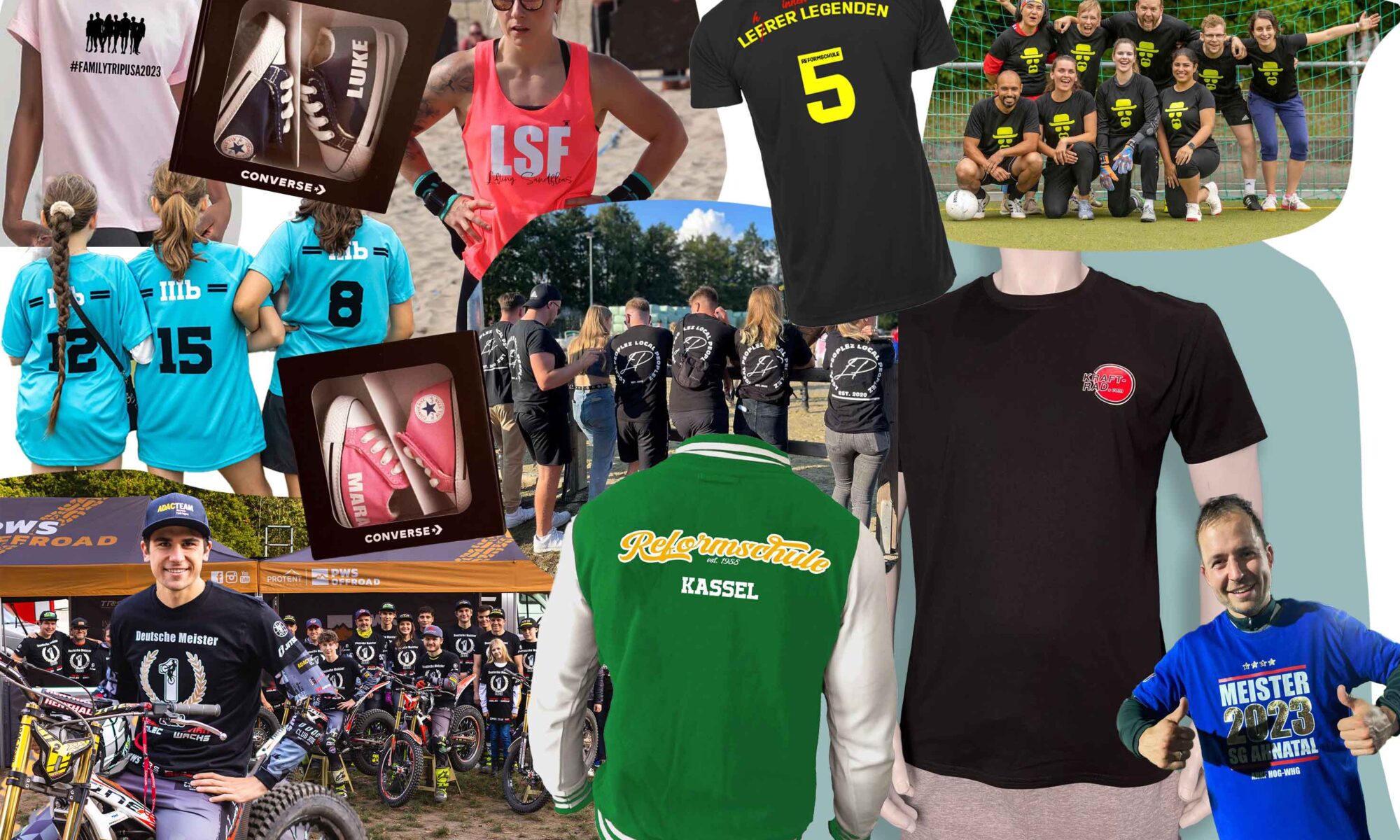 Bild mit verschiedenen, veredelten Textilien, wie Hoodies, Shirts, Jacken, etc.